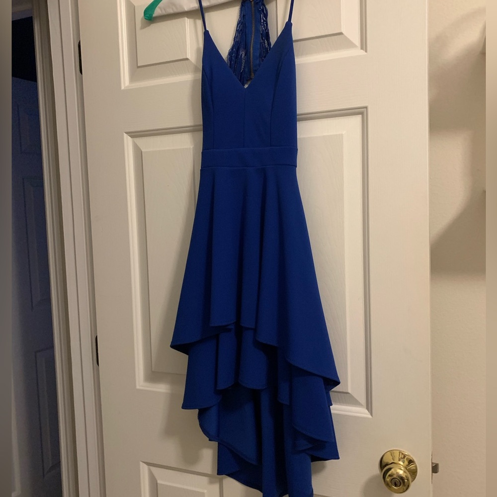 Blue spaghetti strapped formal dress